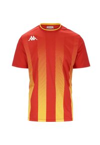 Jersey Kappa Bugo. Kolor: wielokolorowy, żółty, czerwony. Materiał: jersey. Długość rękawa: krótki rękaw. Długość: krótkie. Wzór: nadruk, paski. Sport: piłka nożna #1