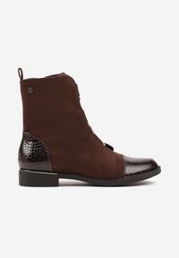 Born2be - Brązowe Botki Vices z Lakierowanymi Wstawkami w Stylu Krokodyla Olitta. Okazja: na spotkanie biznesowe, na spacer. Kolor: brązowy. Materiał: lakier. Styl: biznesowy #7