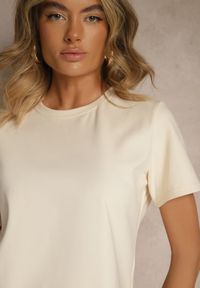 Renee - Beżowy Klasyczny T-shirt z Grubszej Bawełny Tiavone. Okazja: na co dzień. Kolor: beżowy. Materiał: bawełna. Styl: klasyczny #4