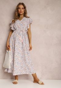 Renee - Różowo-Jasnoszara Sukienka Ceekey. Typ kołnierza: kołnierz z falbankami. Kolor: różowy. Materiał: materiał. Wzór: kwiaty, kolorowy, nadruk. Sezon: lato. Styl: wizytowy. Długość: maxi #3