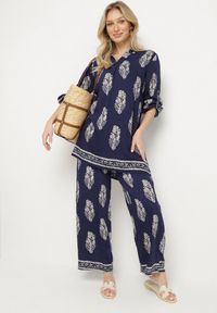Born2be - Granatowy Komplet w Stylu Boho Oversize Długa Koszula i Luźne Spodnie Meppina. Kolor: niebieski. Materiał: skóra #6