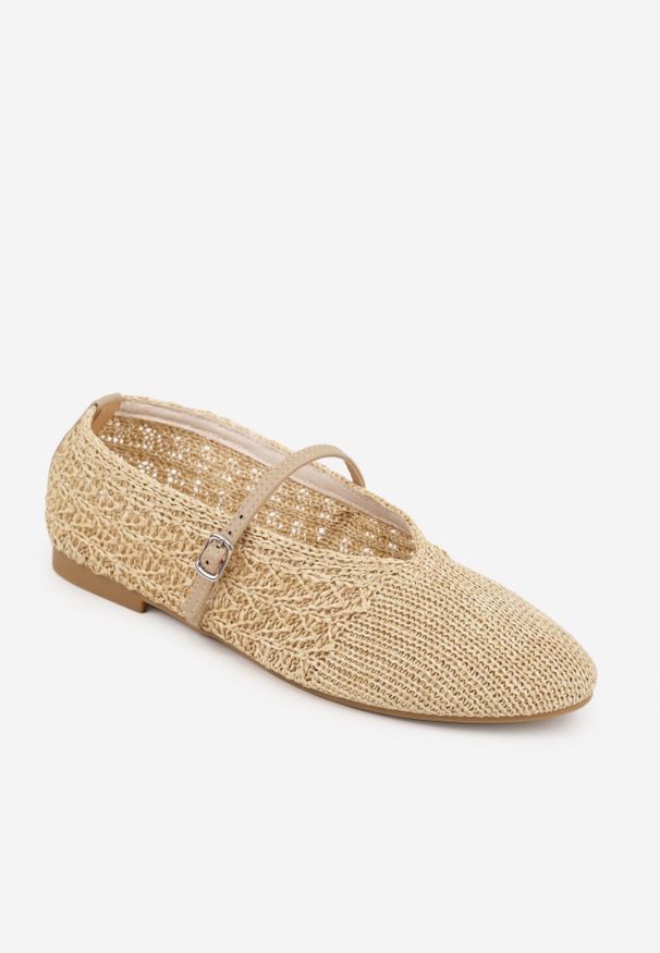 Born2be - Beżowe Plecione Balerinki VICES z Paskiem z Klamerką i Wycięciem V Nemecea. Okazja: na co dzień. Zapięcie: pasek. Kolor: beżowy. Materiał: jeans. Szerokość cholewki: normalna. Wzór: haft. Sezon: lato. Styl: elegancki, casual, boho