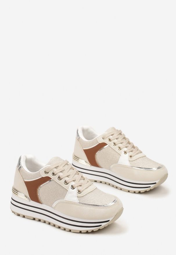 Renee - Beżowe Sneakersy z Brokatową Dzianinową Wstawką Atobia. Kolor: beżowy. Materiał: dzianina. Obcas: na platformie