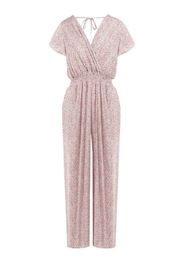 Born2be - Różowo-Biały Kombinezon z Wiskozy Ariamaya. Okazja: na co dzień. Kolor: różowy. Materiał: wiskoza. Długość rękawa: krótki rękaw. Długość: krótkie. Wzór: aplikacja, kwiaty. Sezon: lato. Styl: casual