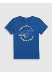 4f - 4F T-shirt loose z nadrukiem chłopięcy - niebieski 122 (6-7 lat). Okazja: na co dzień, na uczelnię. Kolor: niebieski. Materiał: dzianina, materiał, dresówka, bawełna, skóra. Wzór: nadruk. Sezon: lato. Styl: casual #1