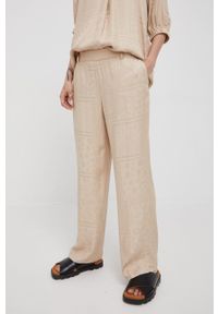 Mos Mosh spodnie damskie kolor beżowy proste high waist. Okazja: na co dzień. Stan: podwyższony. Kolor: beżowy. Materiał: tkanina. Styl: casual