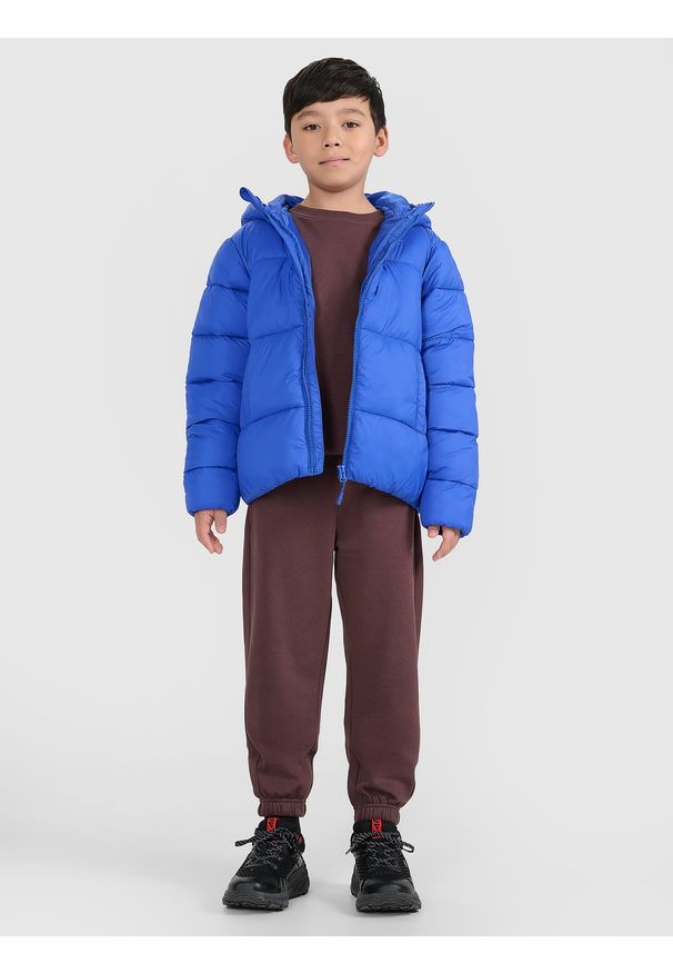 4f - 4F Kurtka puchowa z wypełnieniem syntetycznym chłopięca - niebieska 128 (7-8 lat). Okazja: na co dzień. Typ kołnierza: kaptur. Kolor: niebieski. Materiał: puch, syntetyk. Sezon: lato. Styl: casual, klasyczny, sportowy
