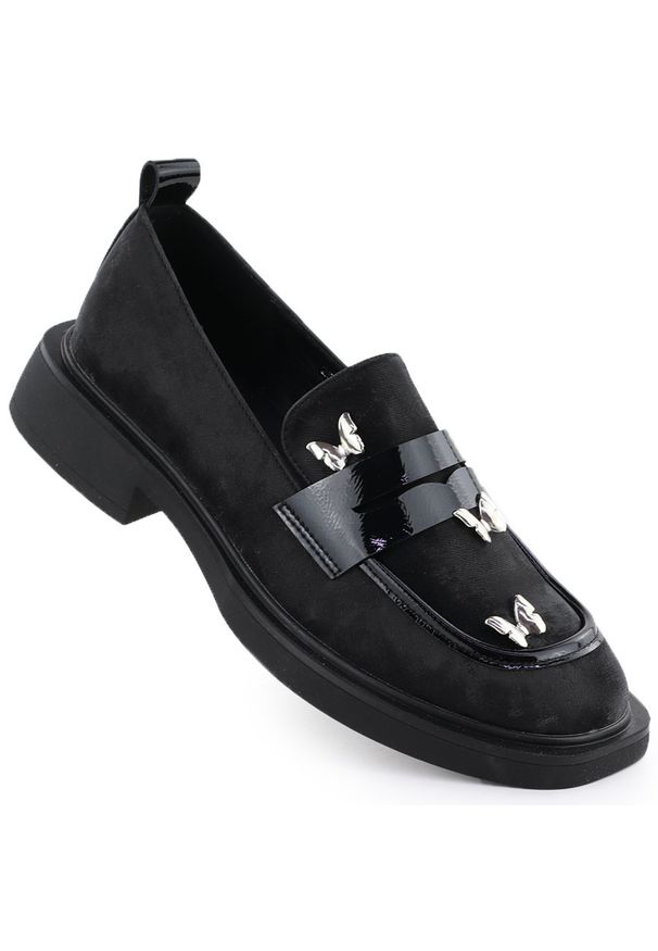 POTOCKI - Półbuty damskie lordsy z motylkami czarne Potocki SZ12650. Kolor: czarny. Materiał: tkanina. Wzór: aplikacja. Obcas: na obcasie. Wysokość obcasa: średni