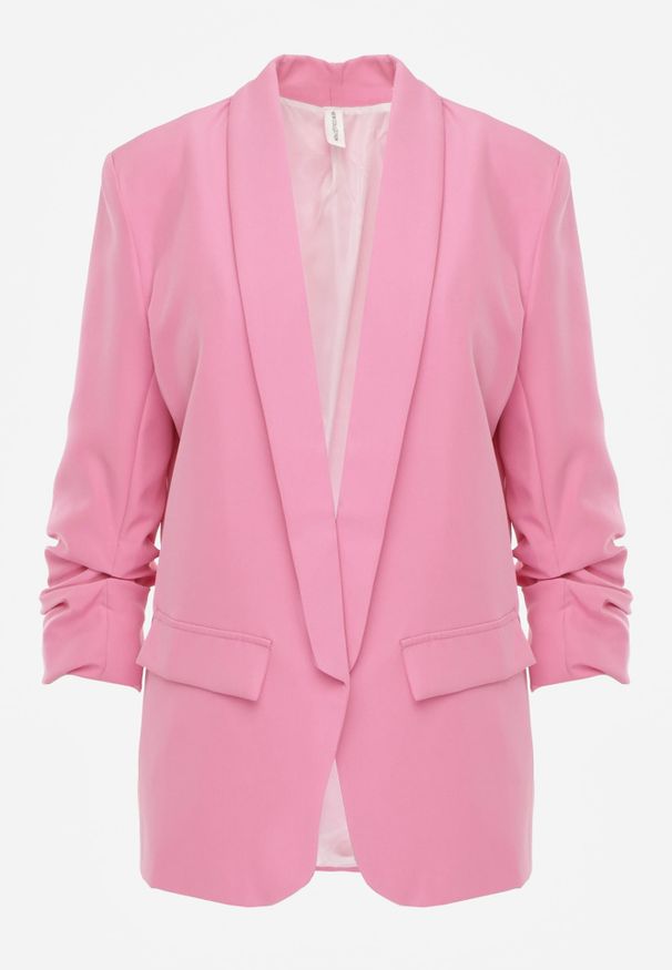 Renee - Różowa Marynarka Niezapinana z Marszczonymi Rękawami Orolea. Okazja: na spotkanie biznesowe, na co dzień. Kolor: różowy. Materiał: koronka. Styl: elegancki, biznesowy, casual