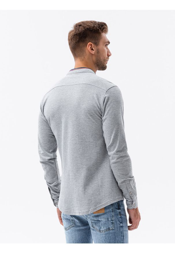 Ombre Clothing - Koszula męska z długim rękawem K542 - szara - XXL. Typ kołnierza: kołnierzyk stójkowy. Kolor: szary. Materiał: bawełna, dzianina. Długość rękawa: długi rękaw. Długość: długie. Wzór: kolorowy