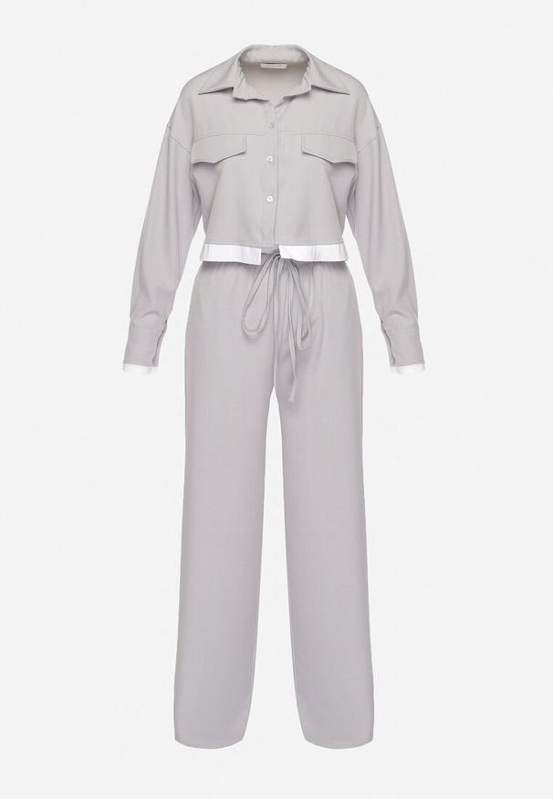 Born2be - Szary Komplet w Stylu Utility Krótka Koszula i Szerokie Spodnie z Gumką w Pasie Lysianne. Kolor: szary