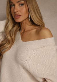 Renee - Beżowy Sweter z Dodatkiem Kaszmiru i Trójkątnym Dekoltem Silefera. Okazja: na co dzień. Kolor: beżowy. Materiał: kaszmir. Styl: casual, elegancki #5