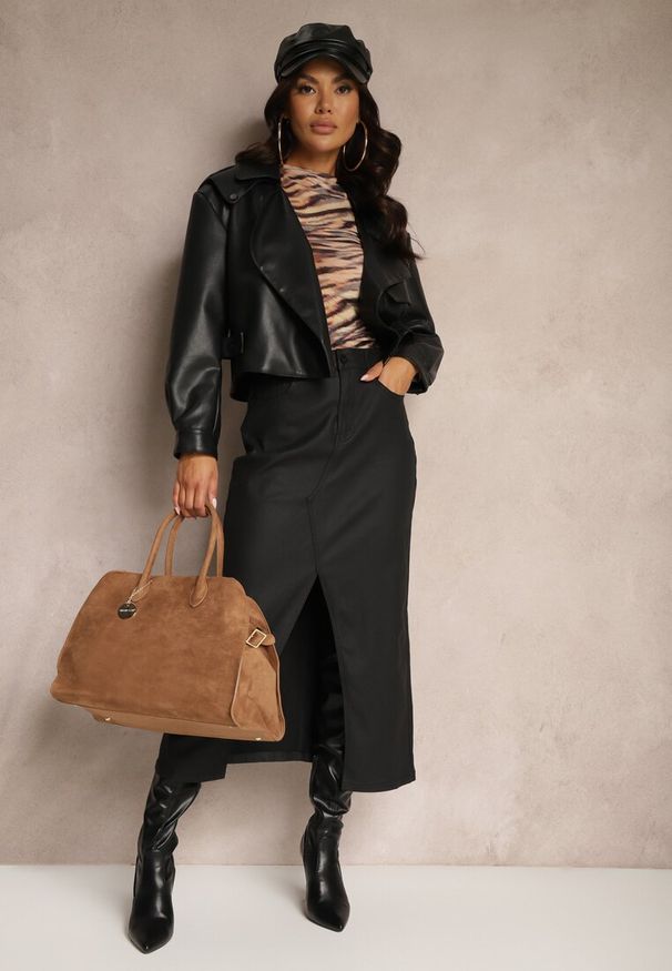 Renee - Czarna Midi Spódnica High Waist z Guzikiem i Kieszeniami oraz Suwakiem Navitta. Stan: podwyższony. Kolor: czarny. Materiał: materiał. Wzór: jednolity, gładki