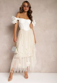 Renee - Jasnobeżowa Spódnica High Waist z Gumką w Talii o Siateczkowym Wykończeniu Vikkissa. Stan: podwyższony. Kolor: beżowy. Styl: elegancki