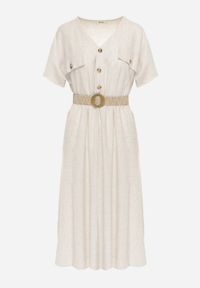 Renee - Beżowa Koszulowa Sukienka Midi z Bawełny z Gumką w Talii i Plecionym Paskiem Emera. Kolor: beżowy. Materiał: bawełna. Typ sukienki: koszulowe. Długość: midi #8