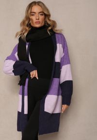 Renee - Fioletowy Luźny Kardigan Niezapinany w Paski Blikoze. Kolor: fioletowy. Materiał: dzianina. Długość rękawa: długi rękaw. Długość: długie. Wzór: paski