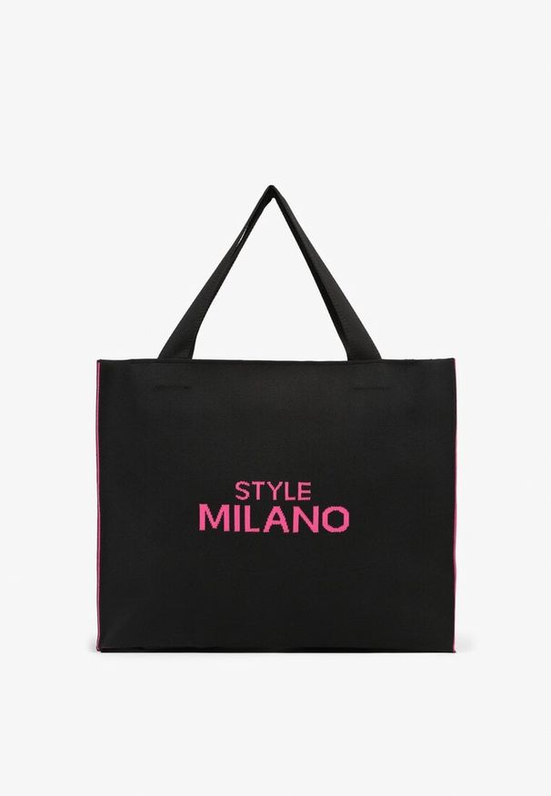 Born2be - Czarno-Fuksjowa Torebka Shopper Materiałowa z Napisem Zasuwana Saliretia. Kolor: czarny. Wzór: napisy. Styl: casual, biznesowy
