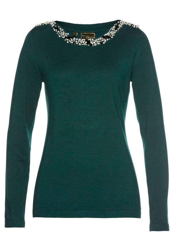 Sweter Premium z aplikacją z perełek bonprix głęboki zielony. Kolor: zielony. Materiał: materiał, wiskoza, poliamid. Wzór: aplikacja