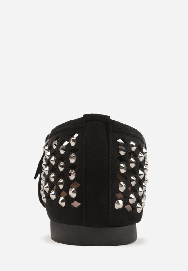 Renee - Czarne Balerinki w Stylu Mary Jane z Cyrkoniami i Ażurową Cholewką Lyphenne. Kolor: czarny. Materiał: satyna, jeans. Szerokość cholewki: normalna. Wzór: ażurowy. Styl: glamour, klasyczny