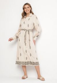 Born2be - Beżowa Wiskozowa Sukienka Koszulowa Szmizjerka z Paskiem Telandora. Okazja: na co dzień. Typ kołnierza: kołnierzyk klasyczny. Kolor: beżowy. Materiał: wiskoza. Długość rękawa: długi rękaw. Typ sukienki: szmizjerki, koszulowe. Styl: klasyczny, casual, elegancki #1