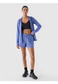 4f - 4F Bluza treningowa slim szybkoschnąca damska - granatowa XS. Typ kołnierza: kaptur, kołnierzyk stójkowy. Kolor: niebieski. Materiał: dzianina, włókno, syntetyk, jersey, materiał, elastan. Długość rękawa: raglanowy rękaw. Wzór: gładki, ze splotem, jednolity. Styl: sportowy. Sport: fitness