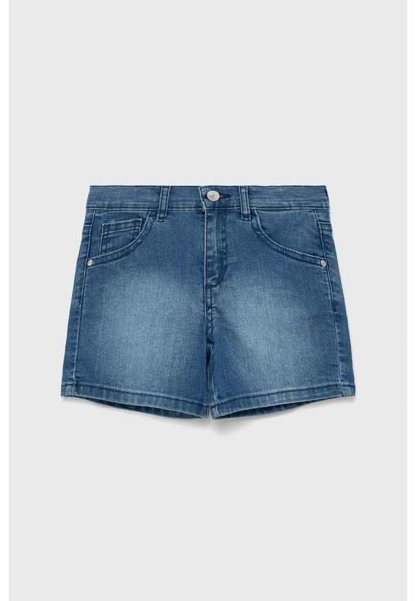 Guess szorty jeansowe dziecięce gładkie regulowana talia. Stan: podwyższony. Kolor: niebieski. Materiał: jeans. Wzór: gładki