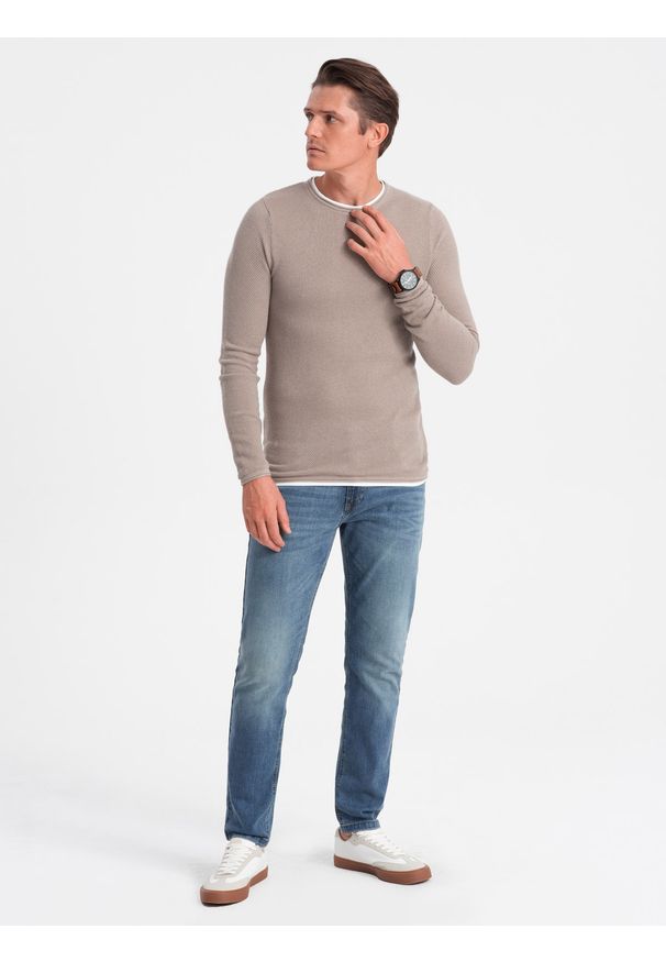 Ombre Clothing - Bawełniany sweter męski z okrągłym dekoltem - zimny beż V9. Kolor: beżowy. Materiał: bawełna. Styl: klasyczny