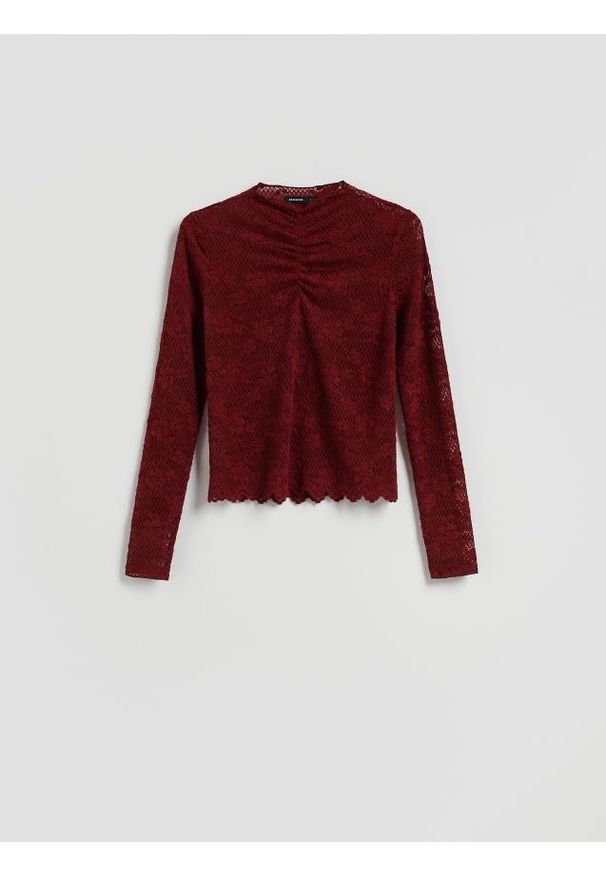 Reserved - Bluzka z haftowanym wzorem - burgundowy. Kolor: czerwony. Materiał: dzianina. Wzór: haft