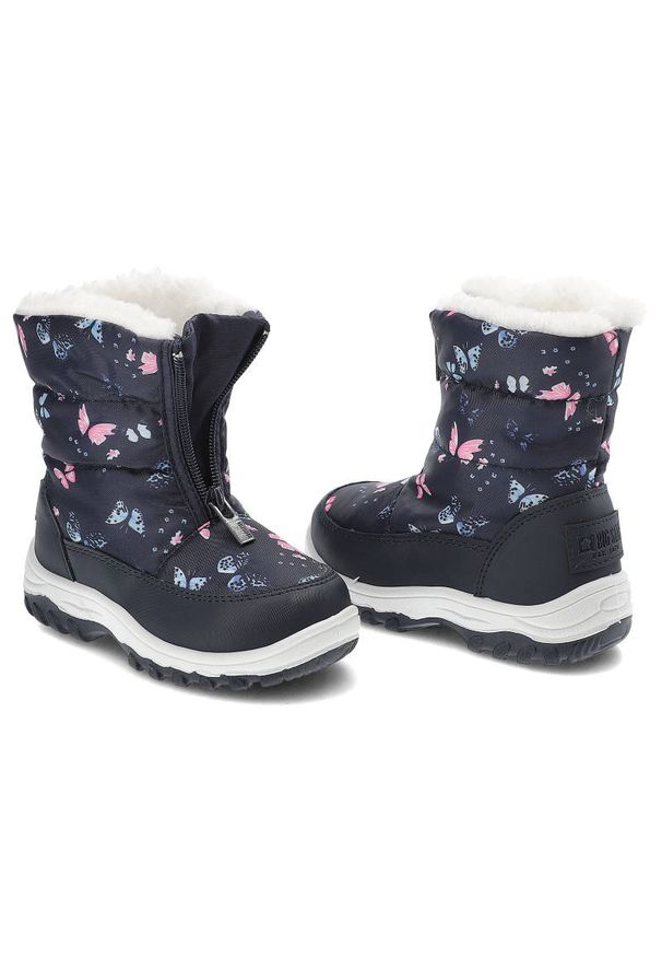 Big-Star - Śniegowce damskie Big Star, cholewka z materiału tekstylnego z nadrukiem i ociepleniem oraz regulacją u góry gruba podeszwa z wyraźnym profilem, gran. Kolor: niebieski. Materiał: futro, materiał, syntetyk. Szerokość cholewki: normalna. Wzór: kolorowy, nadruk, aplikacja. Sezon: zima