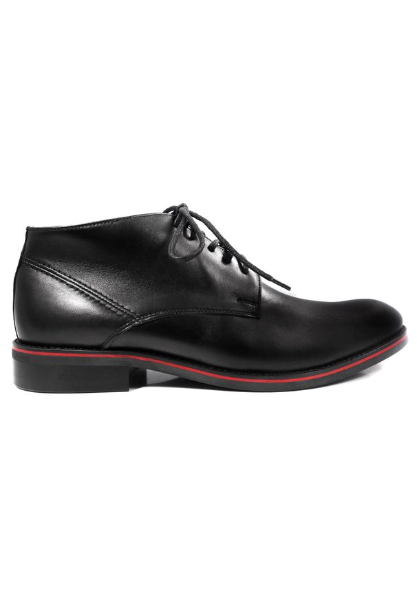 Faber - Czarne buty męskie zimowe z czerwonymi wstawkami T80. Kolor: wielokolorowy, czerwony, czarny. Materiał: skóra. Sezon: zima. Styl: wizytowy, klasyczny