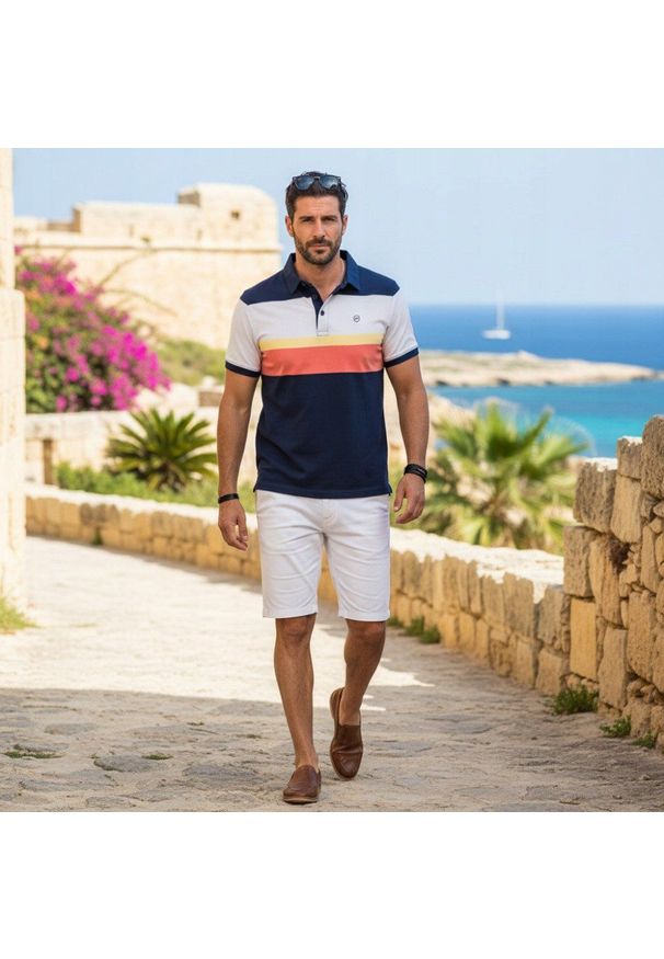 Męska Koszulka Polo - Pako Jeans - Kolorowa w Pasy. Okazja: na co dzień. Typ kołnierza: polo. Kolor: wielokolorowy. Materiał: bawełna. Wzór: paski, prążki. Styl: casual