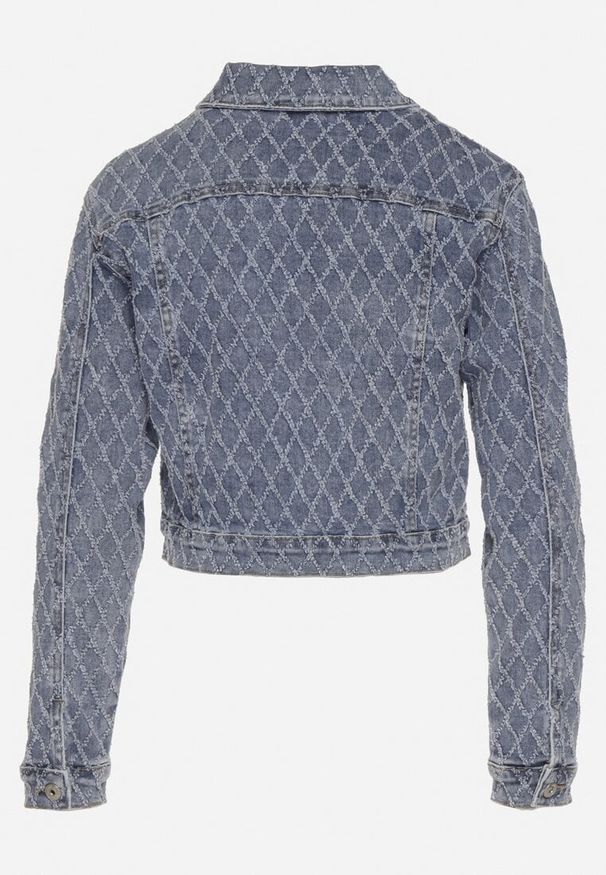 Born2be - Niebieska Bawełniana Kurtka Jeansowa z Geometrycznym Wzorem Arivale. Okazja: na co dzień. Kolor: niebieski. Materiał: jeans, bawełna. Wzór: geometria. Styl: klasyczny, elegancki, casual