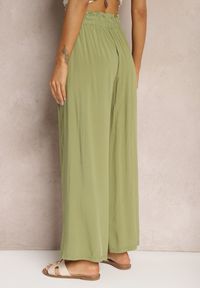 Renee - Zielone Spodnie Palazzo High Waist z Bawełny Wykończone Gumką w Talii Nellsea. Okazja: na co dzień. Stan: podwyższony. Kolor: zielony. Materiał: bawełna. Styl: elegancki, casual