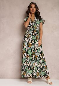 Renee - Zielono-Czarna Sukienka z Wiskozy Maxi w Kwiaty Mahiza. Typ kołnierza: dekolt kopertowy. Kolor: zielony. Materiał: wiskoza. Długość rękawa: krótki rękaw. Wzór: kwiaty. Typ sukienki: kopertowe. Długość: maxi