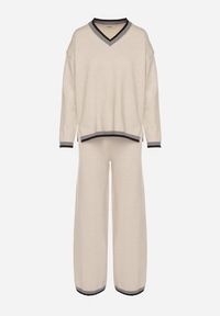 Born2be - Jasnobeżowy Dzianinowy Komplet z Ozdobną Lamówką Sweter i Szerokie Spodnie Ralenae. Kolor: beżowy. Materiał: dzianina #2