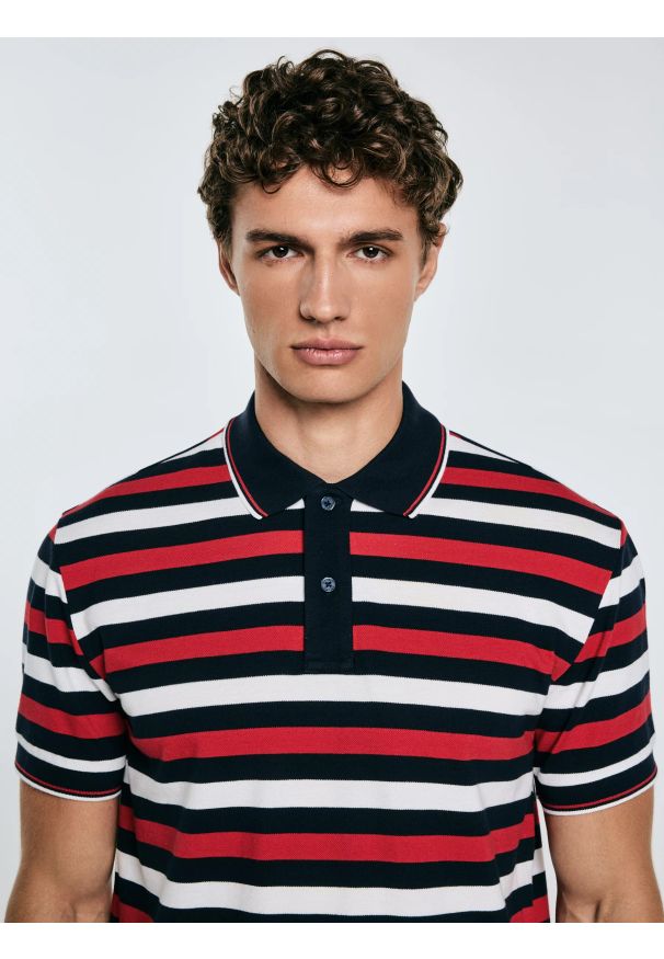 Big-Star - Koszulka męska polo w kolorowe paski Seulir 603. Okazja: na co dzień. Typ kołnierza: polo. Kolor: czerwony. Materiał: jeans, żakard, dzianina. Wzór: kolorowy, paski. Styl: klasyczny, casual, elegancki
