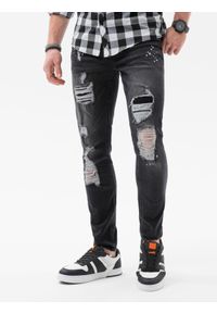 Ombre Clothing - Spodnie męskie jeansowe z dziurami SLIM FIT P1065 - czarne - XXL. Kolor: czarny. Materiał: jeans