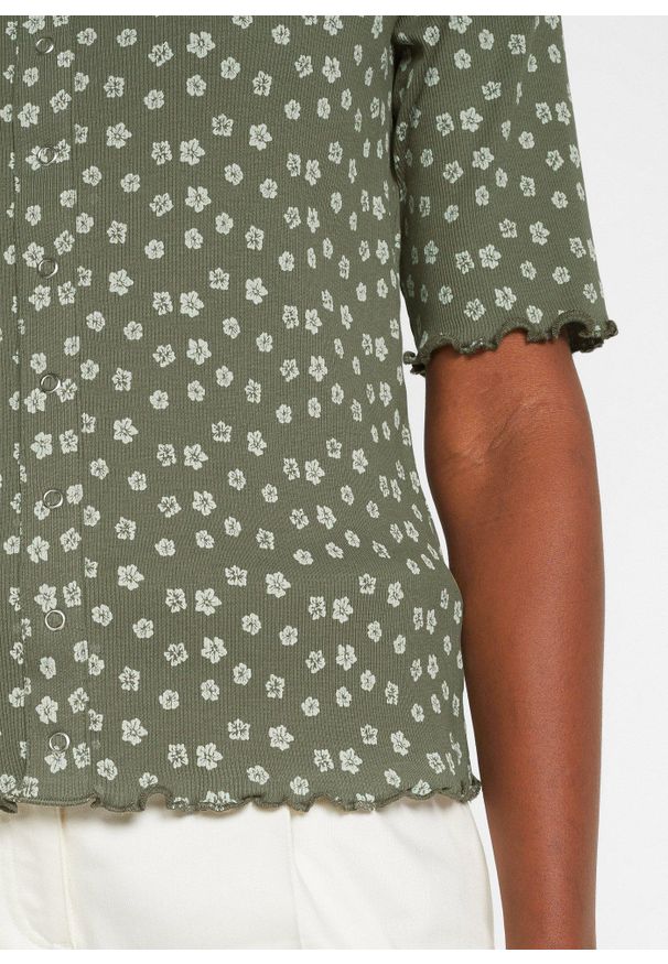 bonprix - Prążkowany T-shirt z kwiatowym nadrukiem, półdługie rękawy. Kolor: zielony. Materiał: prążkowany. Wzór: nadruk, prążki, kwiaty