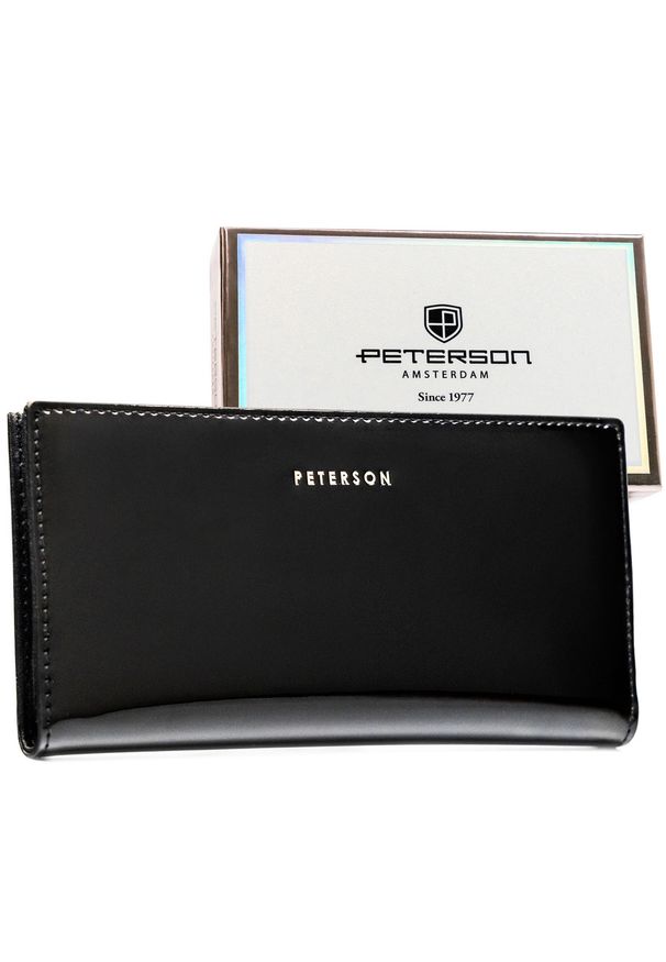 Duży portfel damski ze skóry ekologicznej w czarnym kolorze zamykany suwakiem i zatrzaskiem PTN 004-PU8 Peterson. Kolor: czarny. Materiał: skóra ekologiczna