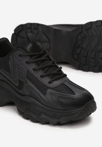 Renee - Czarne Sznurowane Sneakersy na Grubej Podeszwie Elava. Wysokość cholewki: przed kostkę. Kolor: czarny. Materiał: materiał. Szerokość cholewki: normalna #3