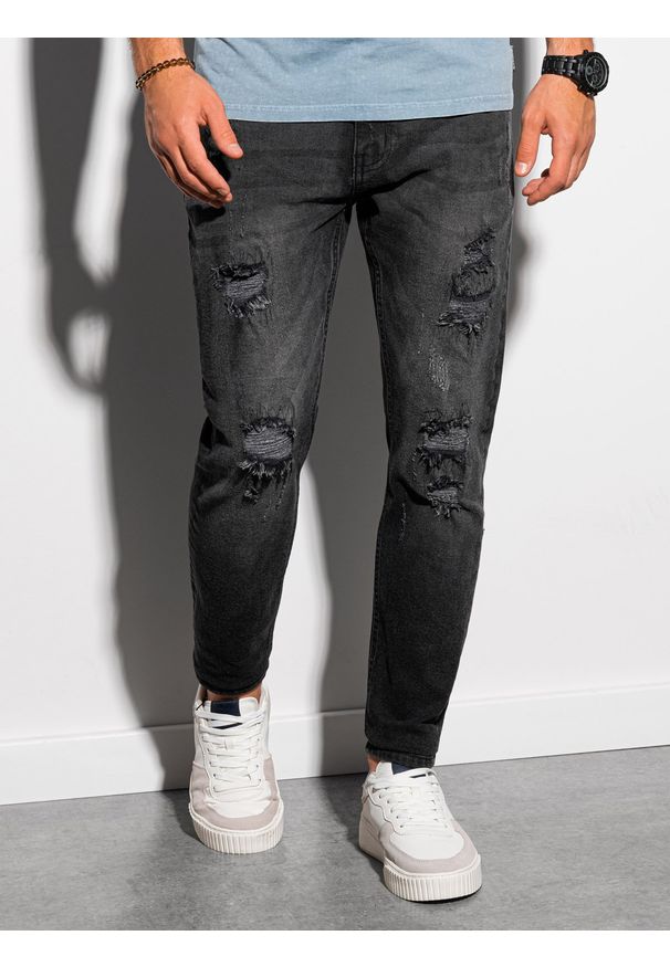 Ombre Clothing - Spodnie męskie jeansowe z dziurami SLIM FIT P1025 - czarne - XXL. Kolor: czarny. Materiał: jeans. Styl: młodzieżowy