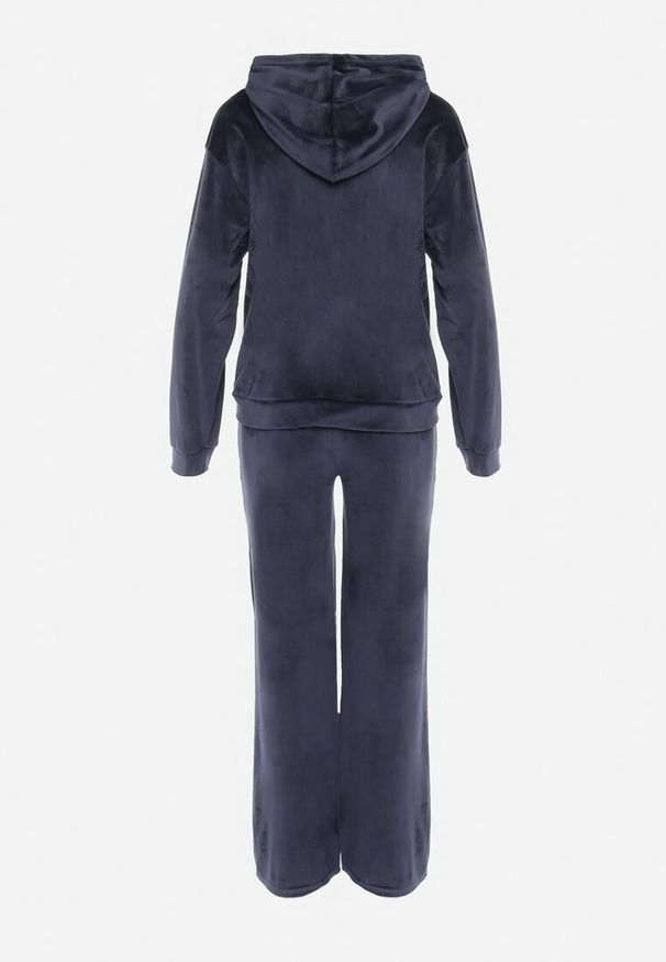 Born2be - Granatowy Welurowy Komplet Dresowy Bluza z Kapturem i Szerokie Spodnie Atiferi. Kolor: niebieski. Materiał: dresówka, welur