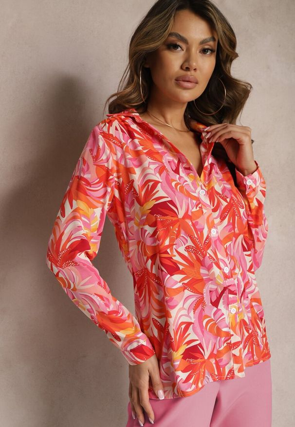 Renee - Różowo-Czerwona Koszula o Klasycznym Kroju we Florystyczny Print Ationama. Kolor: różowy. Wzór: nadruk. Styl: klasyczny