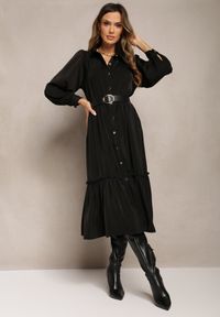 Renee - Czarna Koszulowa Sukienka Midi z Paskiem i Ozdobną Falbanką Mulimani. Kolor: czarny. Wzór: aplikacja. Typ sukienki: koszulowe. Długość: midi #1