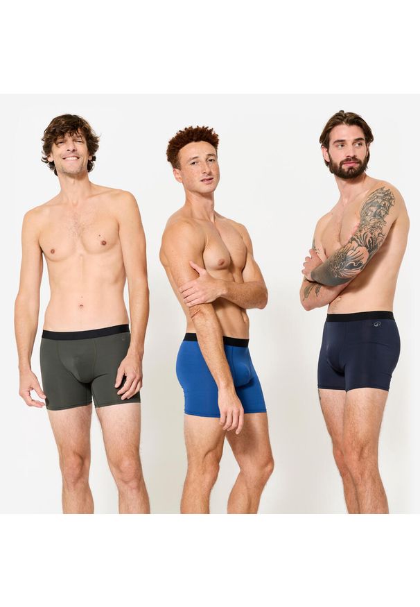 Bokserki sportowe męskie Decathlon 3 sztuki. Kolor: zielony, wielokolorowy, niebieski, brązowy. Materiał: materiał, skóra, elastan