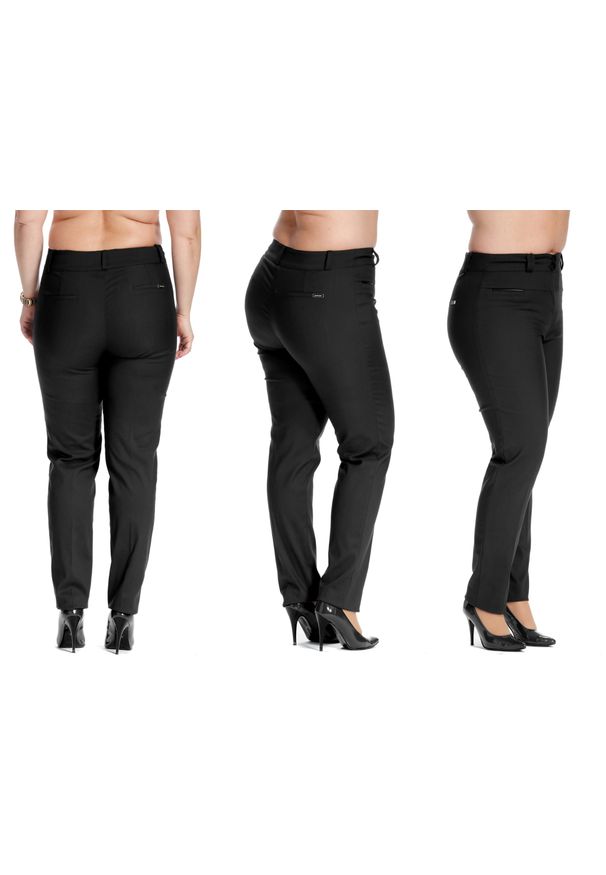 Moda Size Plus Iwanek - Casualowe czarne spodnie cygaretki Bruna w kant PLUS SIZE. Okazja: na co dzień. Kolekcja: plus size. Kolor: czarny. Materiał: poliester, bawełna, tkanina. Długość: krótkie. Styl: casual