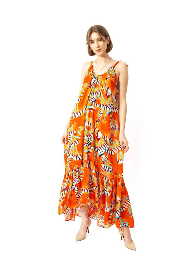 COSEL - Pomarańczowa sukienka maxi Bahama. Okazja: na plażę. Typ kołnierza: dekolt na plecach. Kolor: pomarańczowy. Materiał: wiskoza. Wzór: nadruk. Styl: wakacyjny. Długość: maxi