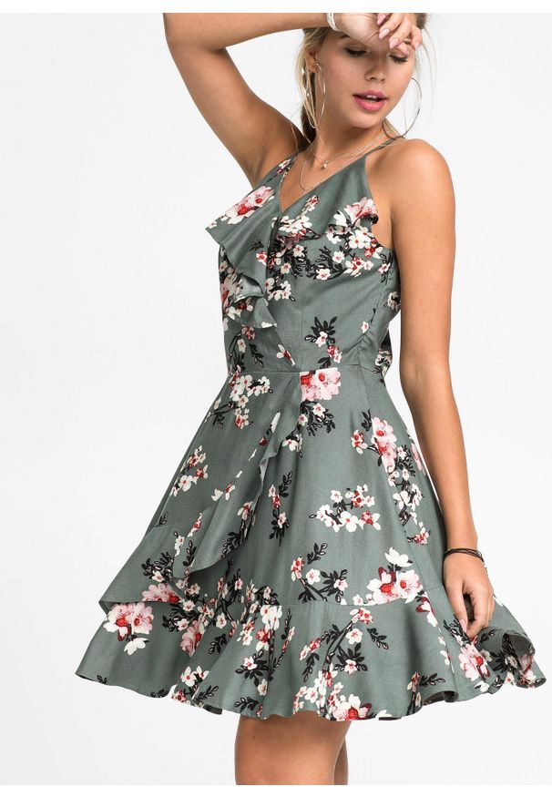 bonprix - Sukienka na ramiączkach, z falbanami. Typ kołnierza: dekolt w serek. Kolor: zielony. Długość rękawa: na ramiączkach. Wzór: nadruk, kwiaty. Sezon: lato