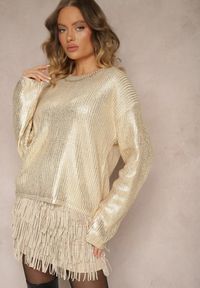 Renee - Złoty Metaliczny Sweter z Długim Rękawem Vivalei. Kolor: złoty. Materiał: dzianina. Długość rękawa: długi rękaw. Długość: długie. Styl: klasyczny