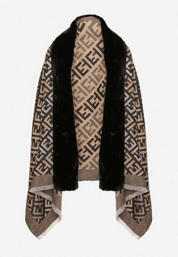 Born2be - Czarno-Beżowe Wiskozowe Ponczo w Geometryczny Wzór z Futerkową Wstawką Miarella. Okazja: na co dzień. Kolor: czarny. Materiał: wiskoza. Wzór: geometria. Styl: casual, klasyczny